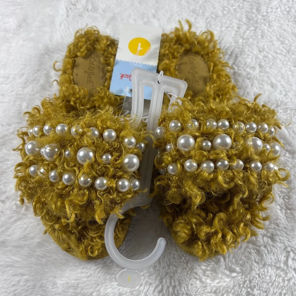 Cat Jack‎ Toddler Girls Bear Slippers Size 1 Gold Faux Fur Pearl Embellished NWT